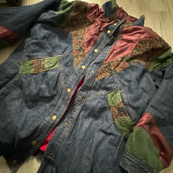 Vintage Jacket Patchwork Tapestry Denim Coat Size Womens XL Hunters Run - Picture 2 of 5